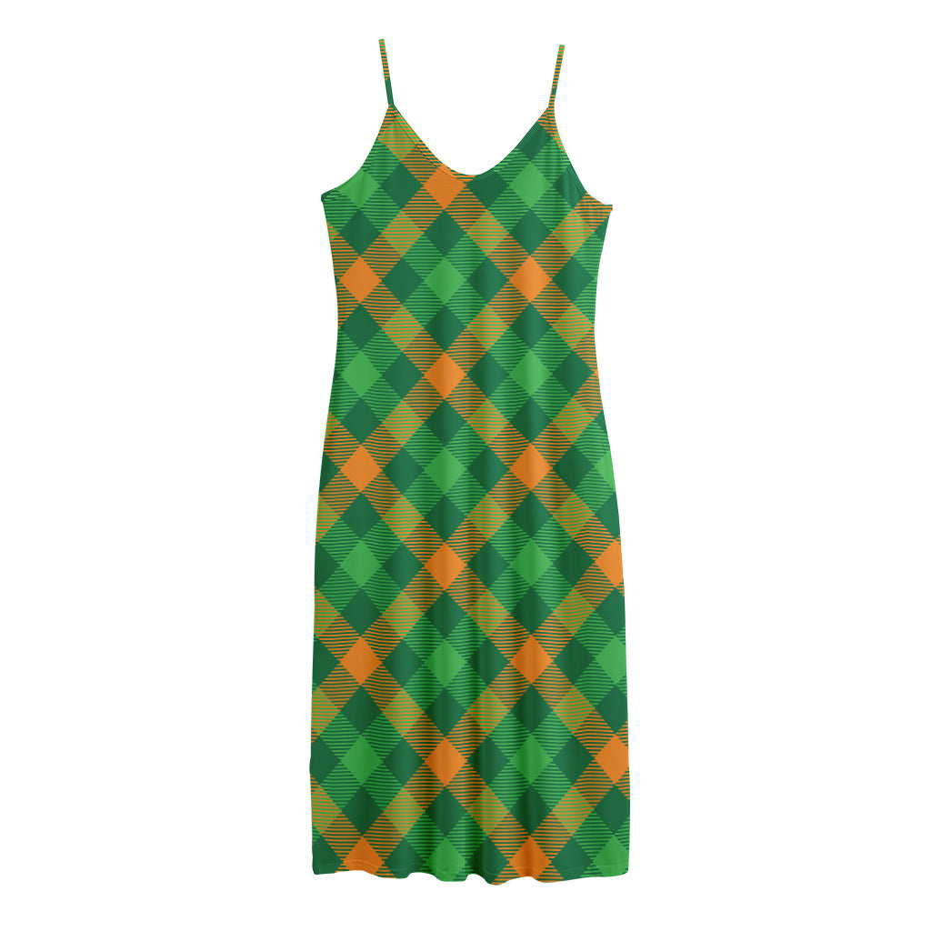 Green And Orange Buffalo Plaid Print Jersey Midi Cami Dress