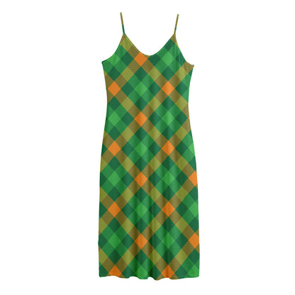Green And Orange Buffalo Plaid Print Jersey Midi Cami Dress