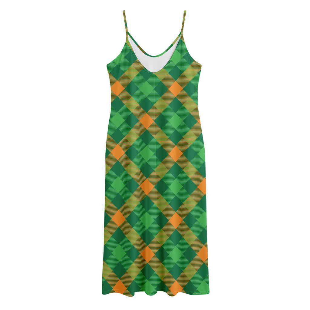 Green And Orange Buffalo Plaid Print Jersey Midi Cami Dress