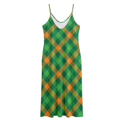 Green And Orange Buffalo Plaid Print Jersey Midi Cami Dress