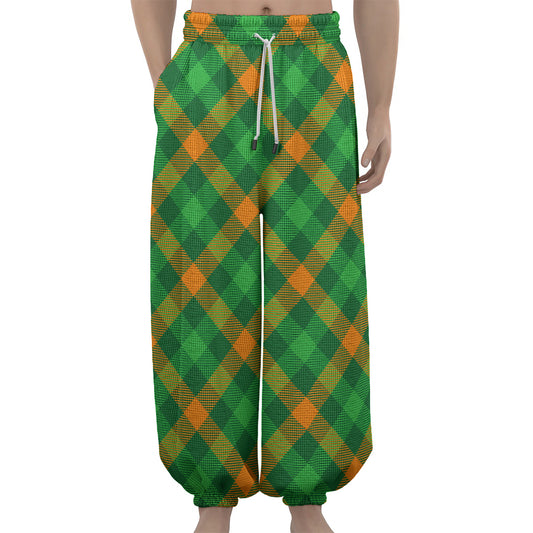 Green And Orange Buffalo Plaid Print Lantern Pants