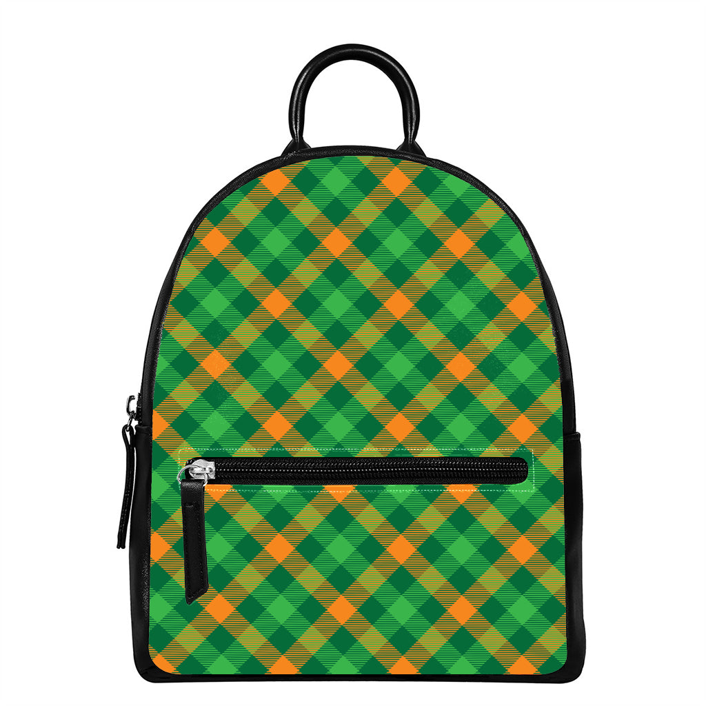 Green And Orange Buffalo Plaid Print Leather Backpack