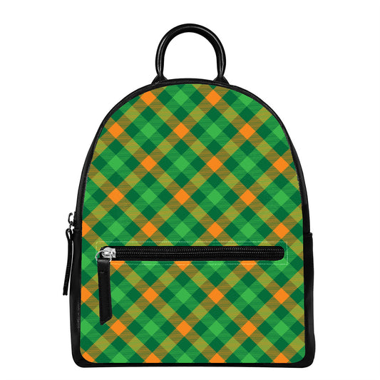 Green And Orange Buffalo Plaid Print Leather Backpack
