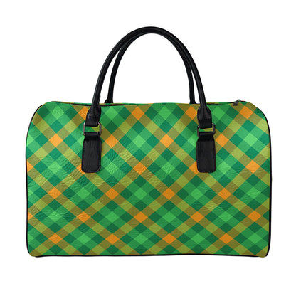 Green And Orange Buffalo Plaid Print Leather Duffle Bag