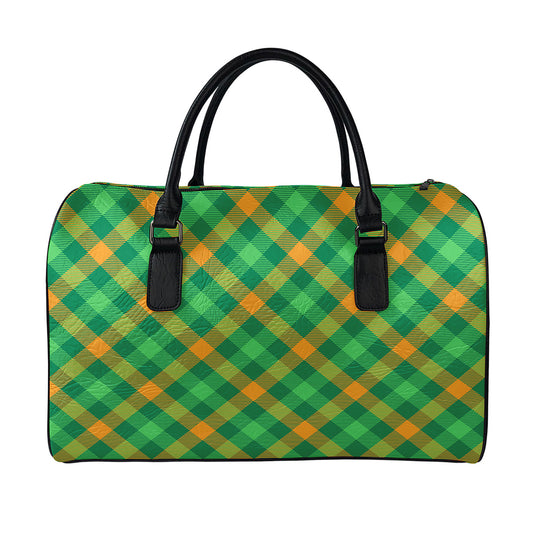 Green And Orange Buffalo Plaid Print Leather Duffle Bag