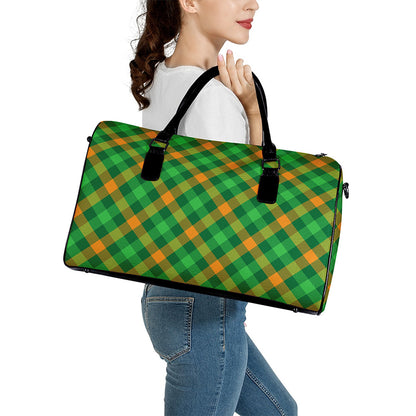 Green And Orange Buffalo Plaid Print Leather Duffle Bag