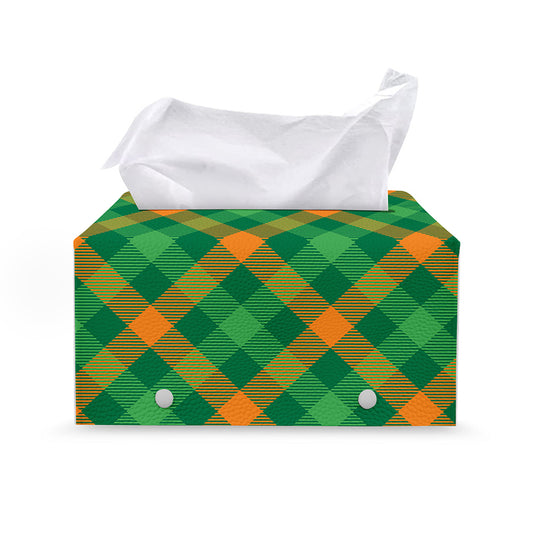 Green And Orange Buffalo Plaid Print Leather Tissue Box Cover
