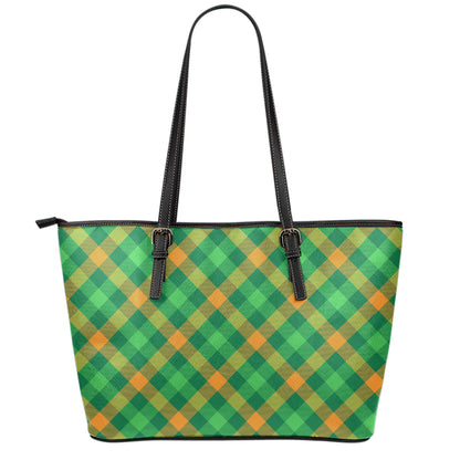 Green And Orange Buffalo Plaid Print Leather Tote Bag