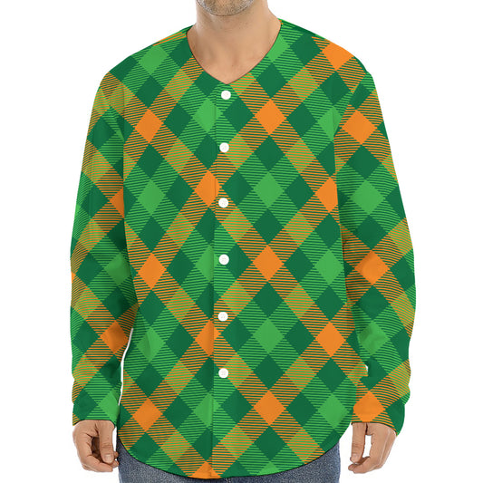 Green And Orange Buffalo Plaid Print Long Sleeve Baseball Jersey