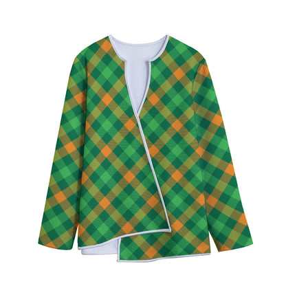 Green And Orange Buffalo Plaid Print Long Sleeve Short Coat