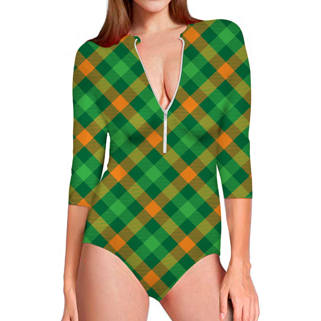 Green And Orange Buffalo Plaid Print Long Sleeve Swimsuit
