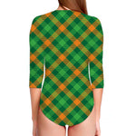 Green And Orange Buffalo Plaid Print Long Sleeve Swimsuit