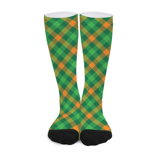 Green And Orange Buffalo Plaid Print Long Socks