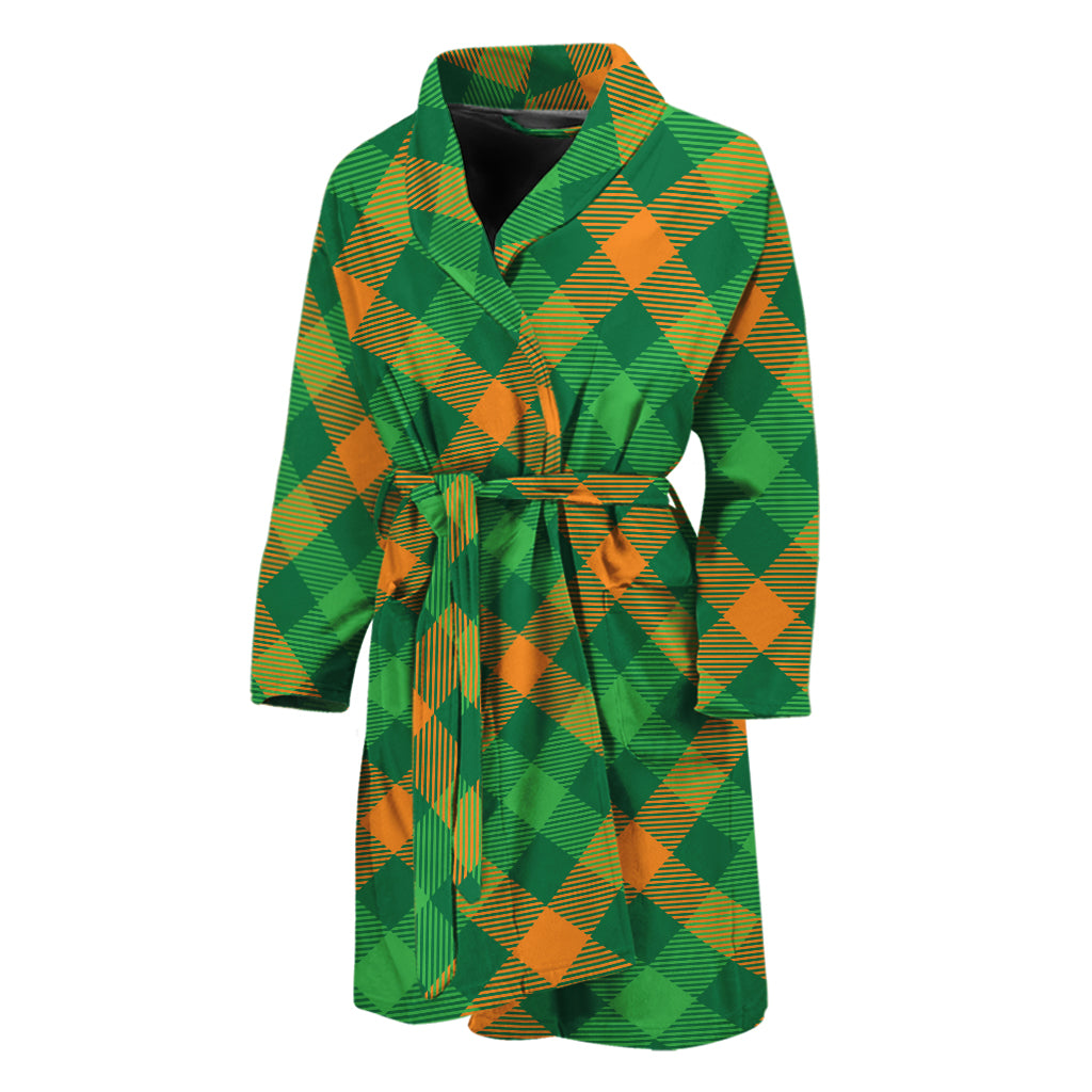 Green And Orange Buffalo Plaid Print Men's Bathrobe