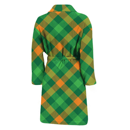 Green And Orange Buffalo Plaid Print Men's Bathrobe