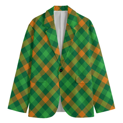 Green And Orange Buffalo Plaid Print Men's Blazer