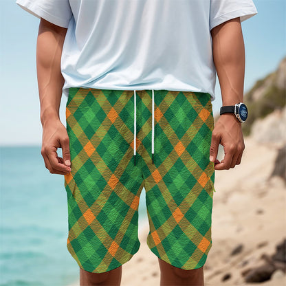 Green And Orange Buffalo Plaid Print Men's Cargo Shorts