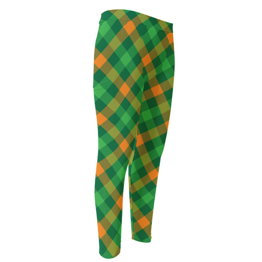 Green And Orange Buffalo Plaid Print Men's Compression Pants