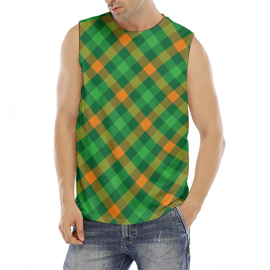 Green And Orange Buffalo Plaid Print Men's Fitness Tank Top