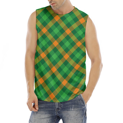 Green And Orange Buffalo Plaid Print Men's Fitness Tank Top