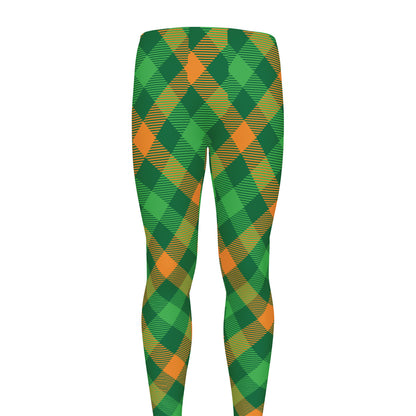 Green And Orange Buffalo Plaid Print Men's leggings