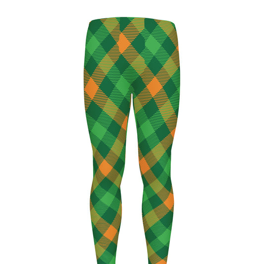 Green And Orange Buffalo Plaid Print Men's leggings