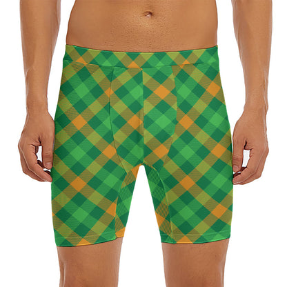 Green And Orange Buffalo Plaid Print Men's Long Boxer Briefs