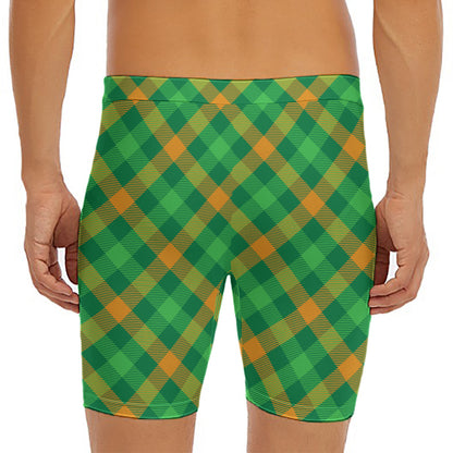 Green And Orange Buffalo Plaid Print Men's Long Boxer Briefs
