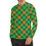 Green And Orange Buffalo Plaid Print Men's Long Sleeve Rash Guard