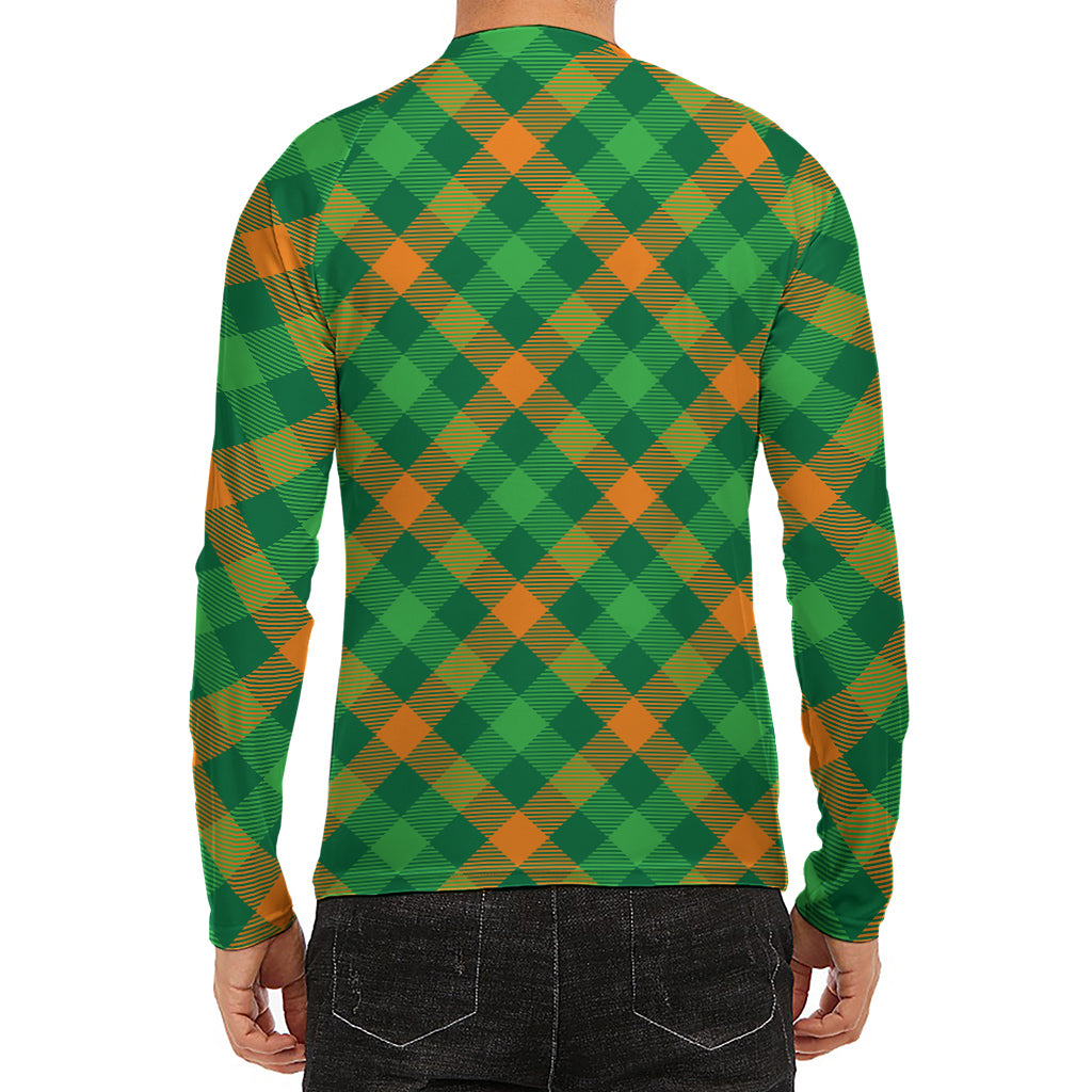 Green And Orange Buffalo Plaid Print Men's Long Sleeve Rash Guard