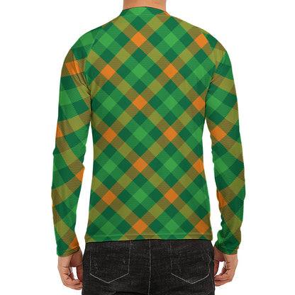 Green And Orange Buffalo Plaid Print Men's Long Sleeve Rash Guard