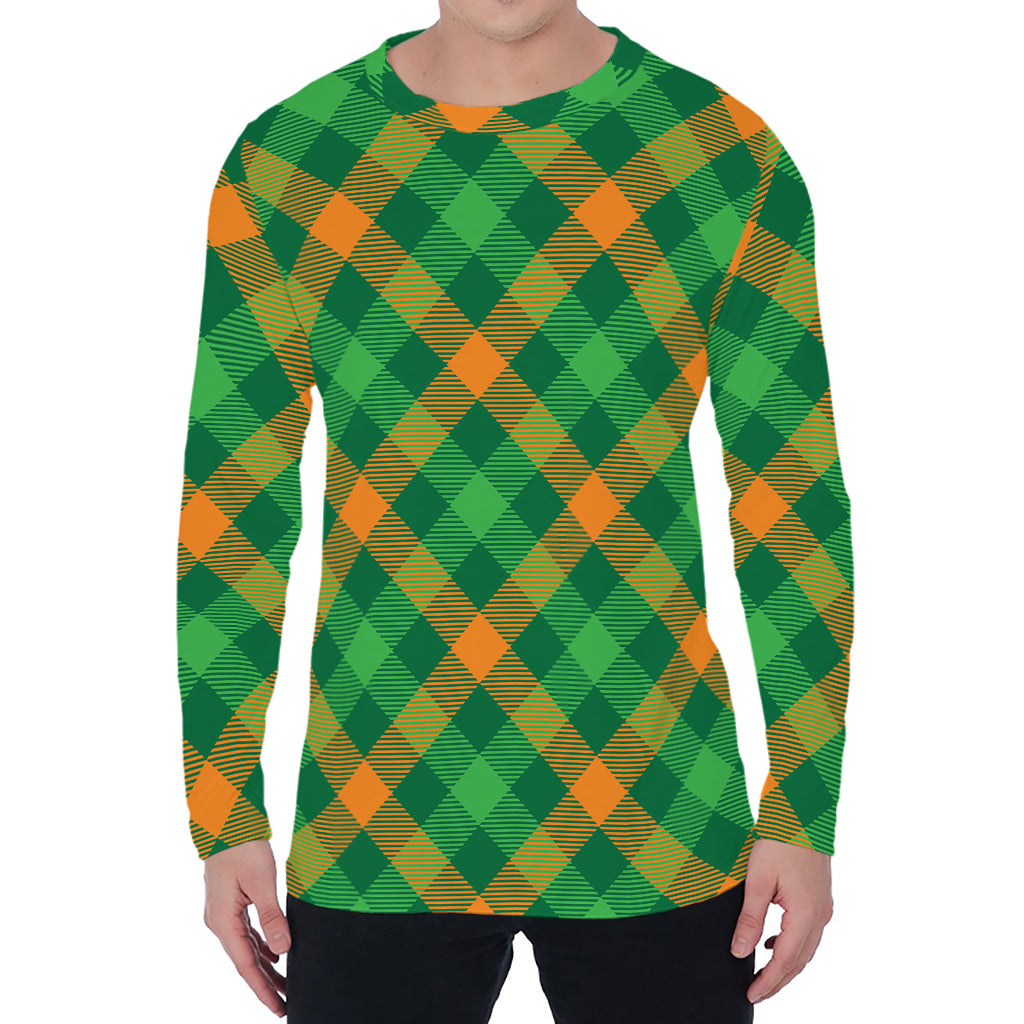 Green And Orange Buffalo Plaid Print Men's Long Sleeve T-Shirt