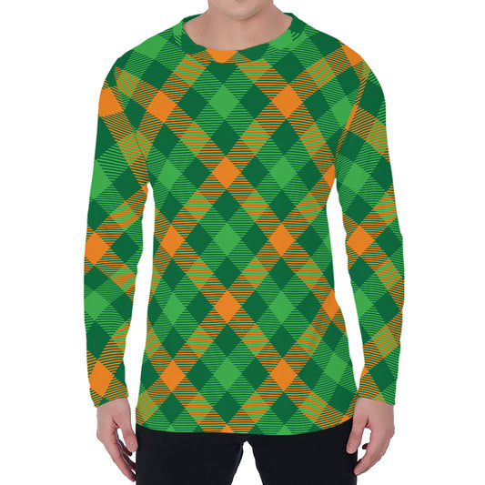 Green And Orange Buffalo Plaid Print Men's Long Sleeve T-Shirt