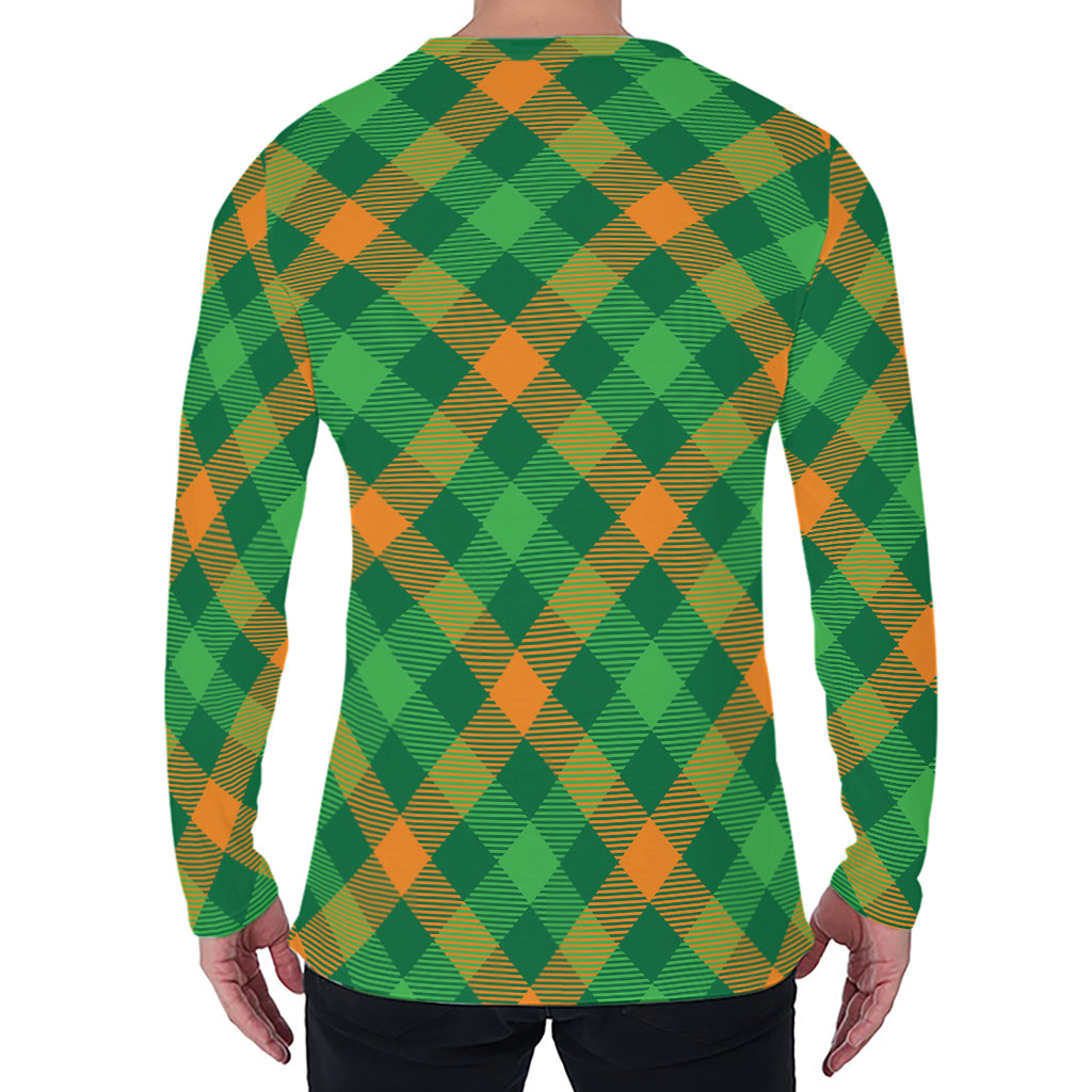 Green And Orange Buffalo Plaid Print Men's Long Sleeve T-Shirt