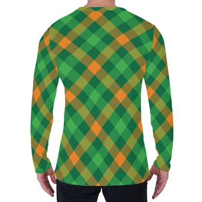 Green And Orange Buffalo Plaid Print Men's Long Sleeve T-Shirt