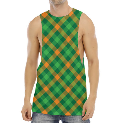 Green And Orange Buffalo Plaid Print Men's Muscle Tank Top