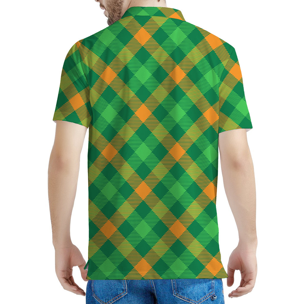 Green And Orange Buffalo Plaid Print Men's Polo Shirt