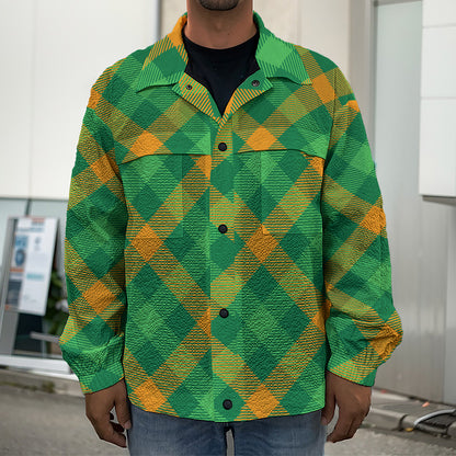 Green And Orange Buffalo Plaid Print Men's Shirt Jacket