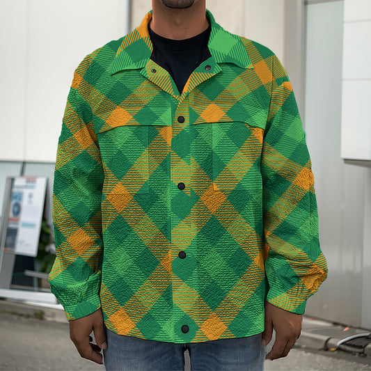 Green And Orange Buffalo Plaid Print Men's Shirt Jacket