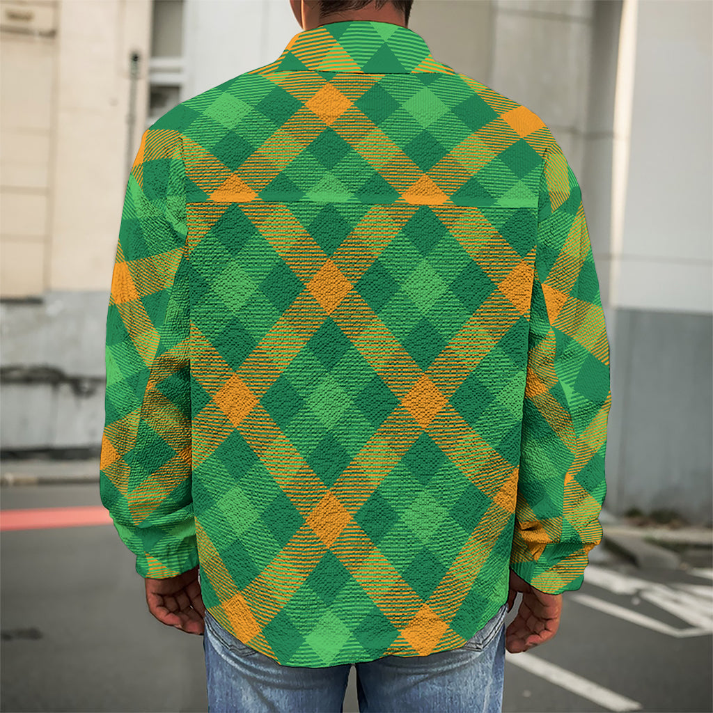 Green And Orange Buffalo Plaid Print Men's Shirt Jacket