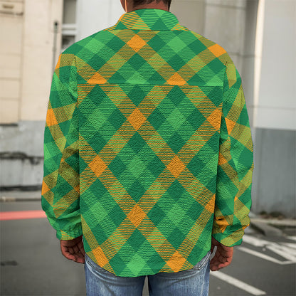 Green And Orange Buffalo Plaid Print Men's Shirt Jacket
