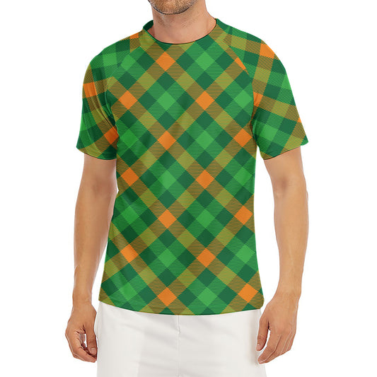 Green And Orange Buffalo Plaid Print Men's Short Sleeve Rash Guard