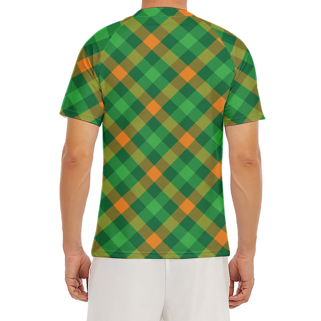Green And Orange Buffalo Plaid Print Men's Short Sleeve Rash Guard
