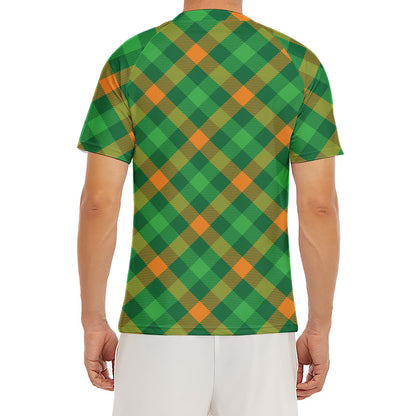 Green And Orange Buffalo Plaid Print Men's Short Sleeve Rash Guard