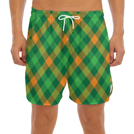 Green And Orange Buffalo Plaid Print Men's Split Running Shorts