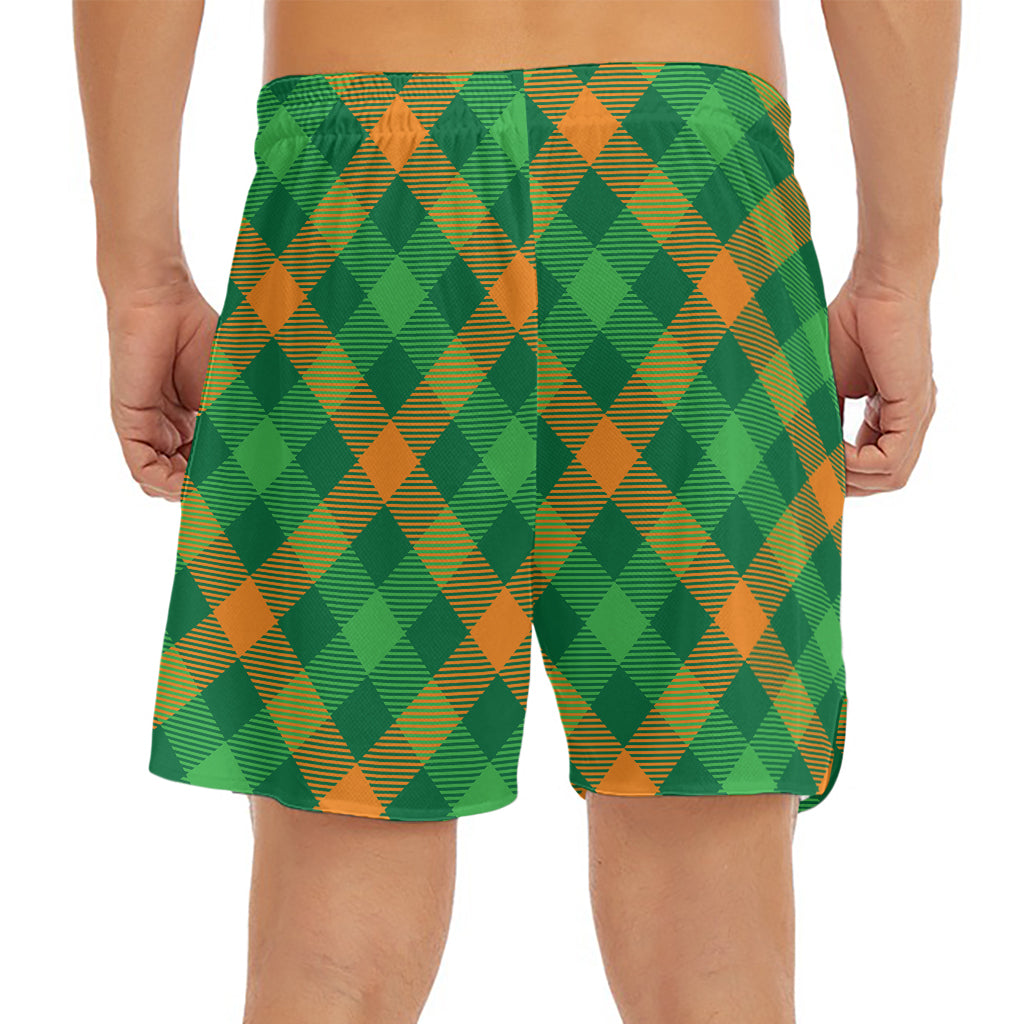 Green And Orange Buffalo Plaid Print Men's Split Running Shorts