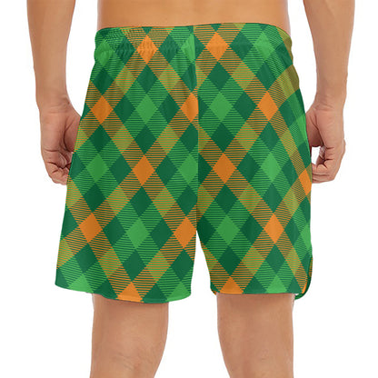 Green And Orange Buffalo Plaid Print Men's Split Running Shorts