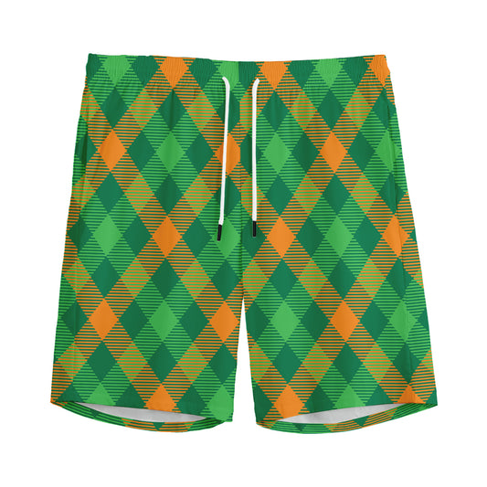 Green And Orange Buffalo Plaid Print Men's Sports Shorts