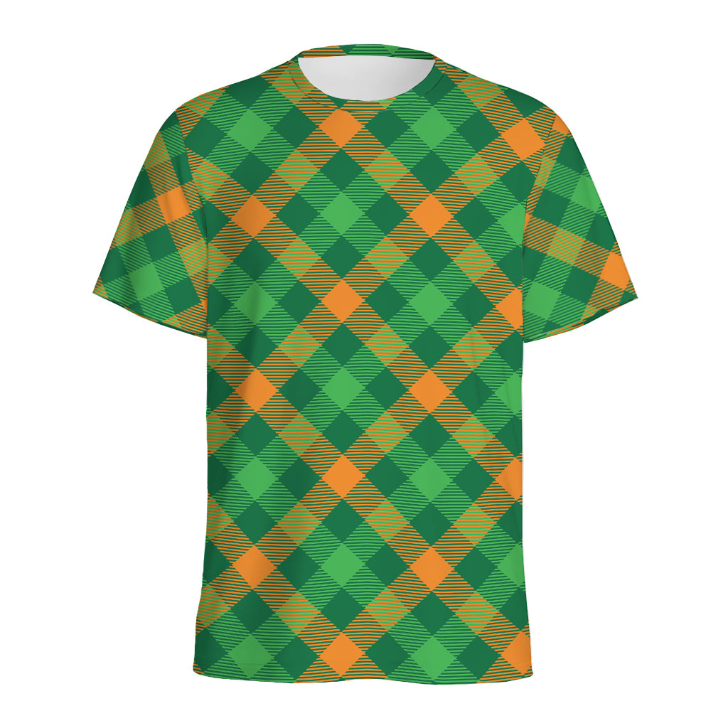 Green And Orange Buffalo Plaid Print Men's Sports T-Shirt