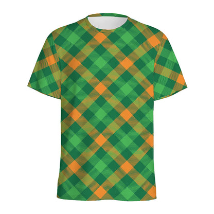 Green And Orange Buffalo Plaid Print Men's Sports T-Shirt